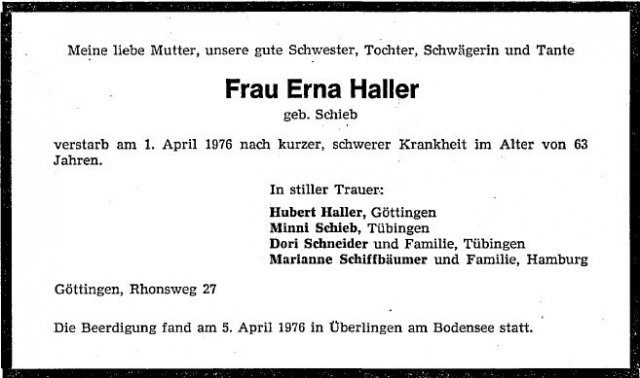 Schieb Erna 1912-1976 Todesanzeige